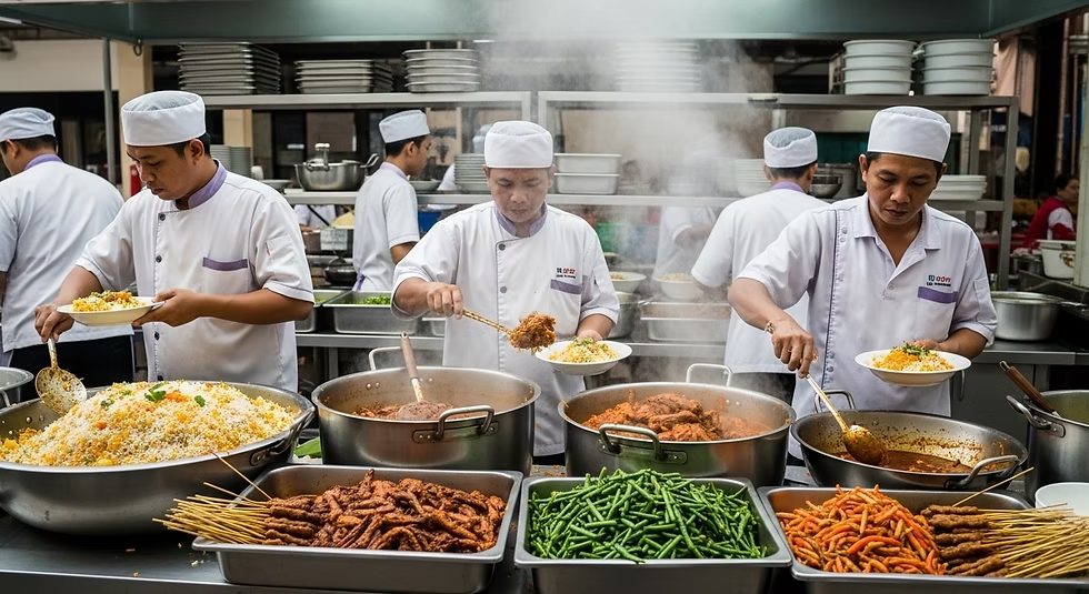 Buffet production cooks preparing food
